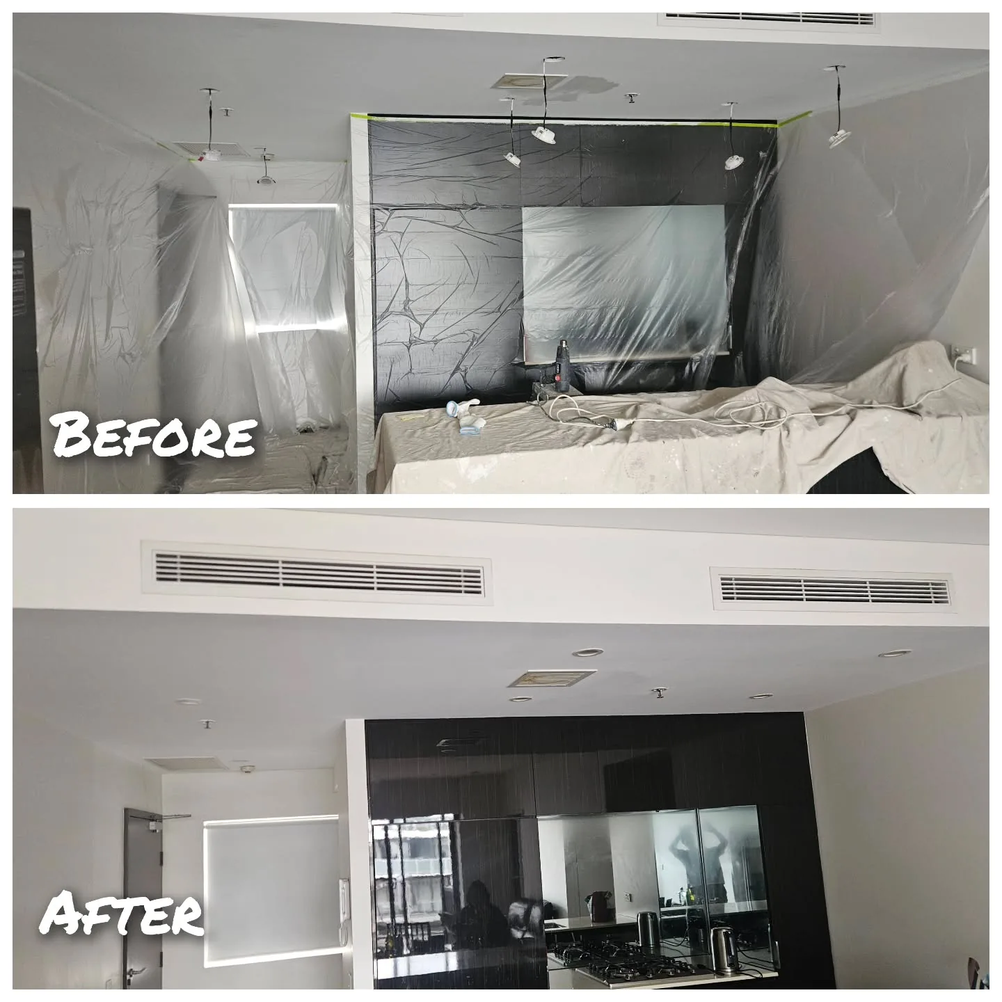 Apartment kitchen & ceiling — before and after